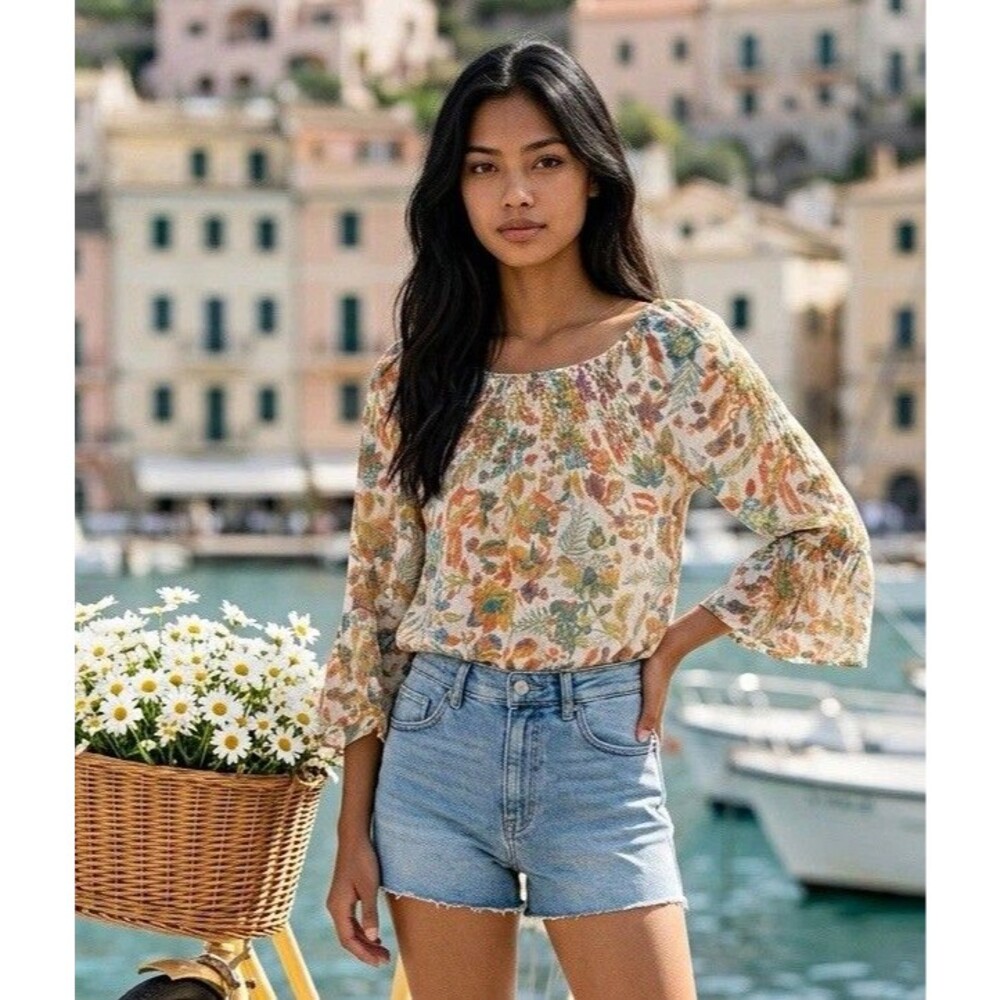 Robert Louis Multicolor Floral Smocked Off Shoulder 3/4 Flared Peasant Blouse S